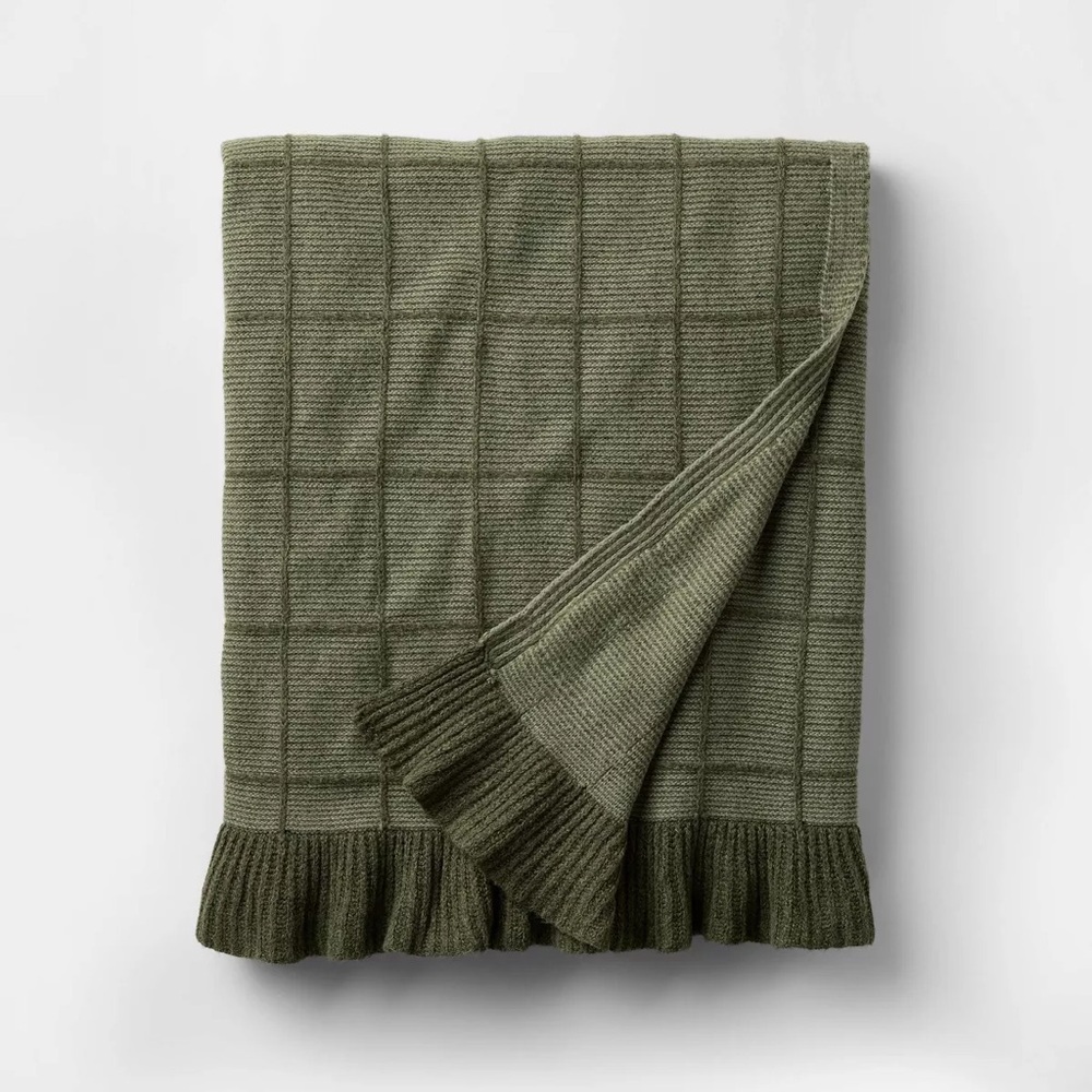 50x60 Windowpane Plaid with Ruffle Throw Blanket Green - Threshold Studio McGee